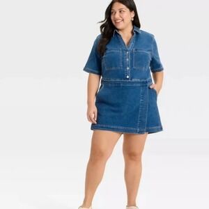 Ava & Viv Women's 2X Blue Denim Dress Shirt Dress Short Sleeve Pockets NWT